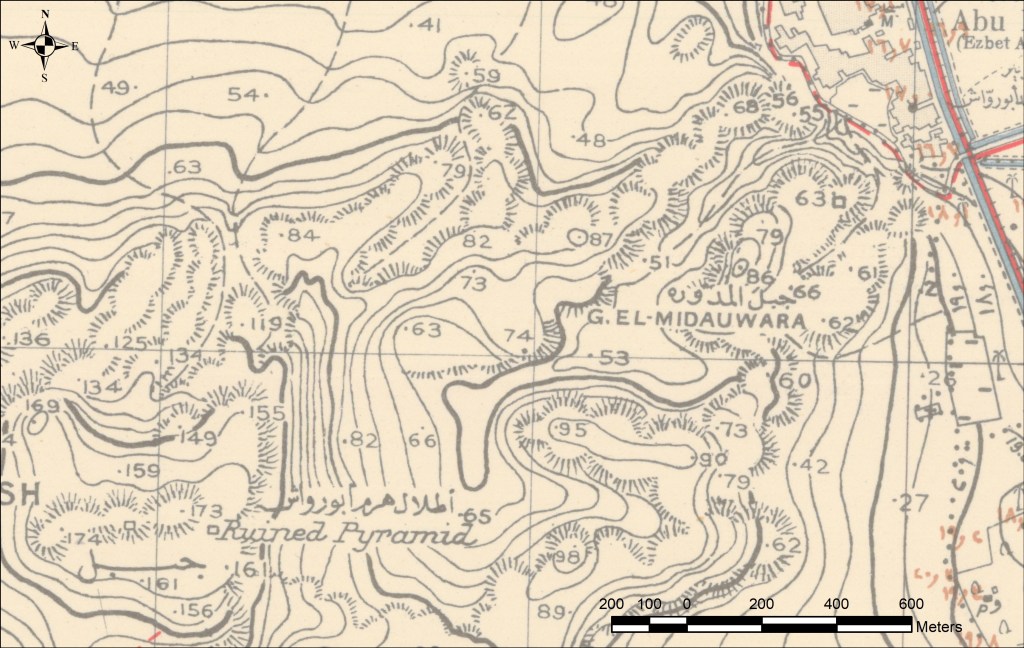 Map of the Abu Rawash area from 1942 showing minimal modern development in the desert. 