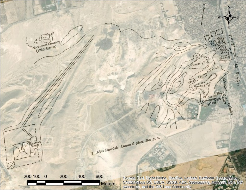 A map of the Abu Rawash area, overlying a satellite image. The pyramid is clearly at the wrong scale and angle compared to the rest of the image. 