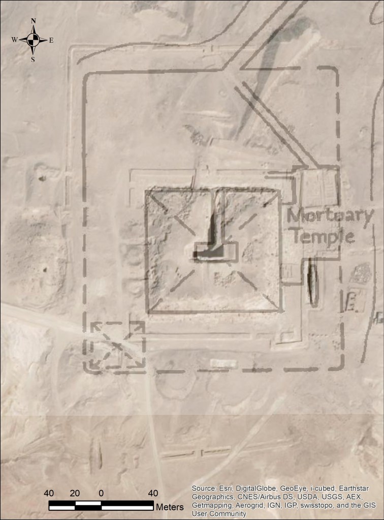 A satellite image of Djedefre's pyramid complex overlaid with the plan from Porter and Moss 1932, map I.