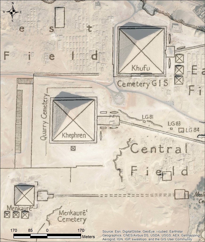 Map of the Giza pyramids overlying a satellite image of the area.
