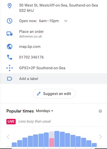 Details of the Tesco Petrol Station in Southend on sea showing its address, opening hours, phone number and times when it is busiest. 