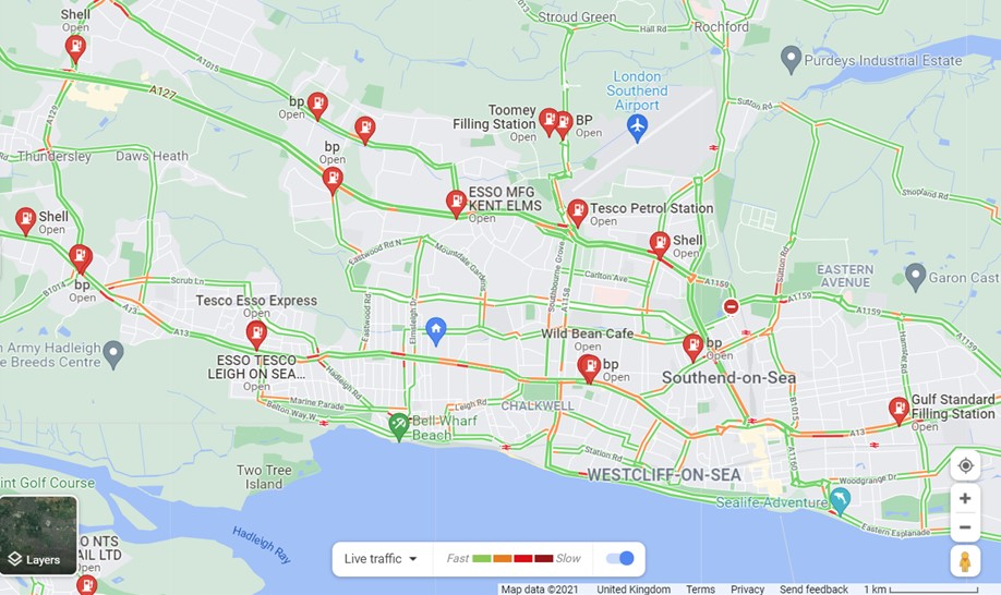Google maps image showing a detail of the Southend-on-sea area, with petrol stations marked and traffic information turned on. Some petrol stations show a red queue of traffic approaching their entrances, while others do not. 