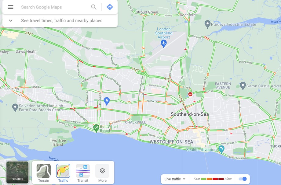 Google maps image showing the Southend-on-sea area, with traffic information turned on.