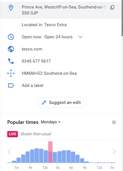 Details of the Tesco Petrol Station in Southend on sea showing its address, opening hours, phone number and times when it is busiest. 