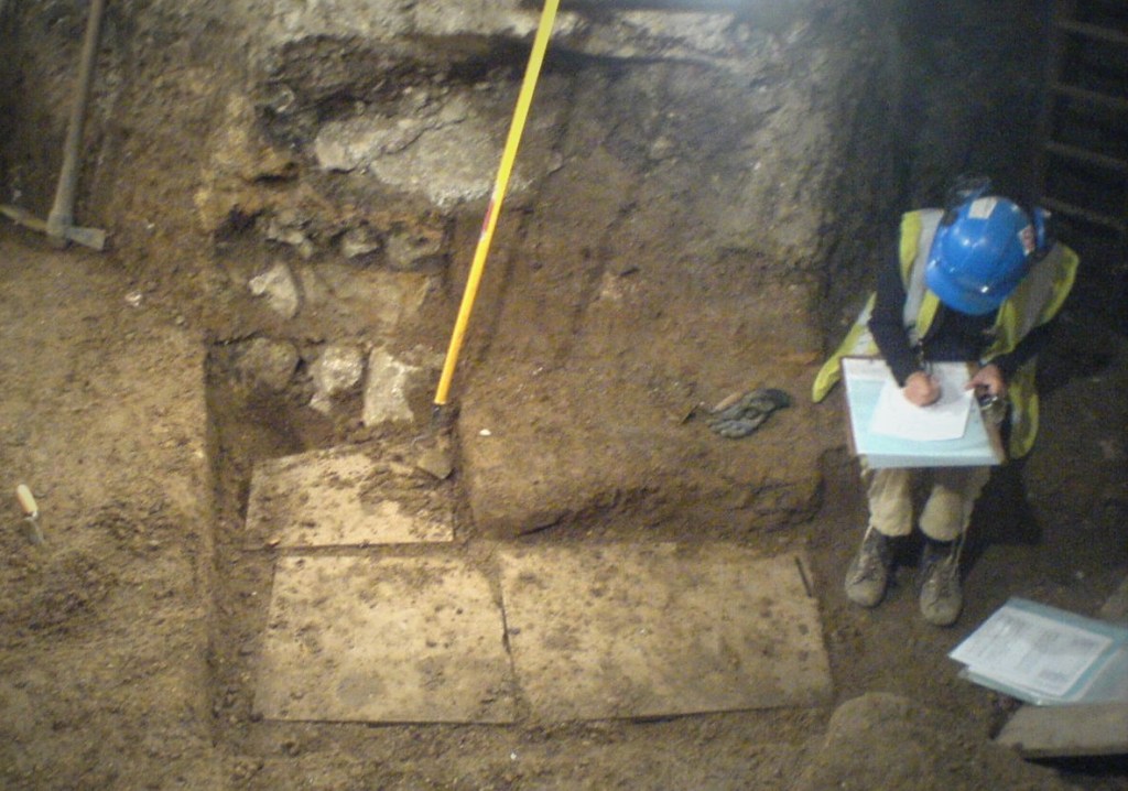 View of excavations of a Roman wall in London. 