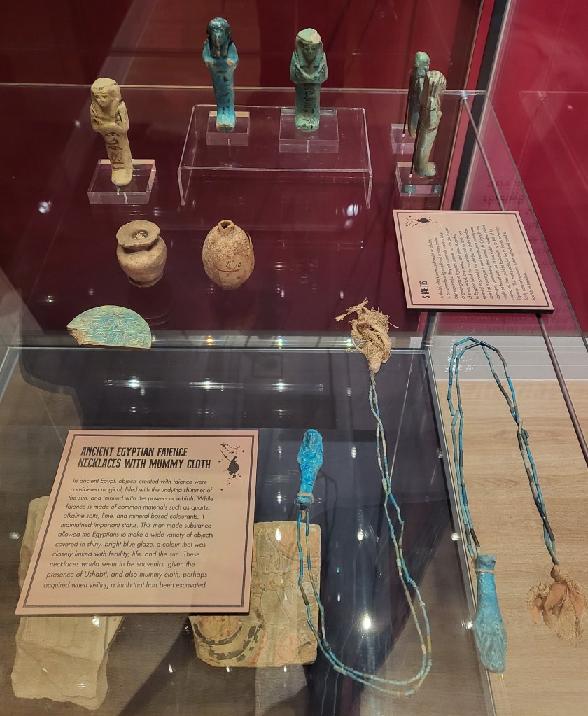 Image of Egyptian artefacts in a glass case, including shabtis, cosmetic vases, a faience semi-circle with hieroglyphs, mummy cloth, and faience beads.