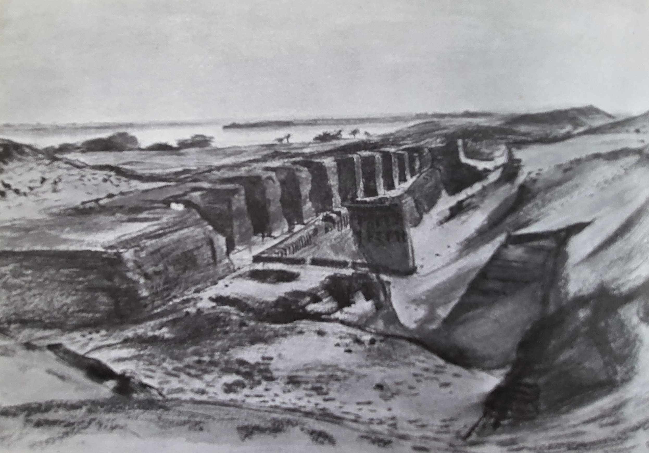 Remains of the fort of Buhen as excavated, showing the remains of the square towers and round buttresses.