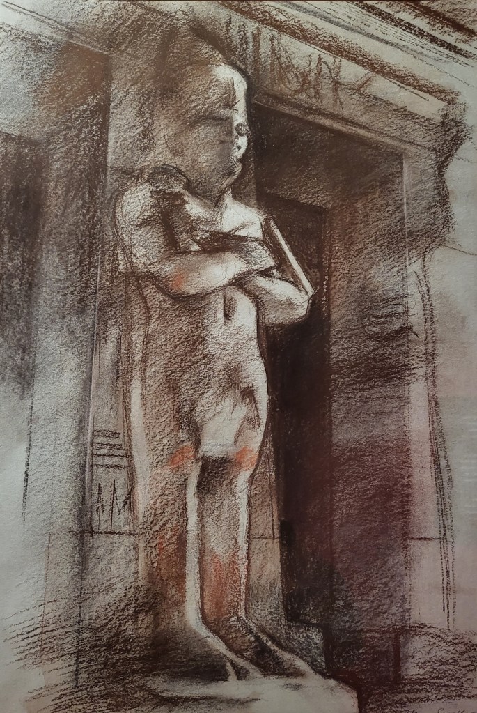 Sketch of a colossus inside the Great Temple of Abu Simbel