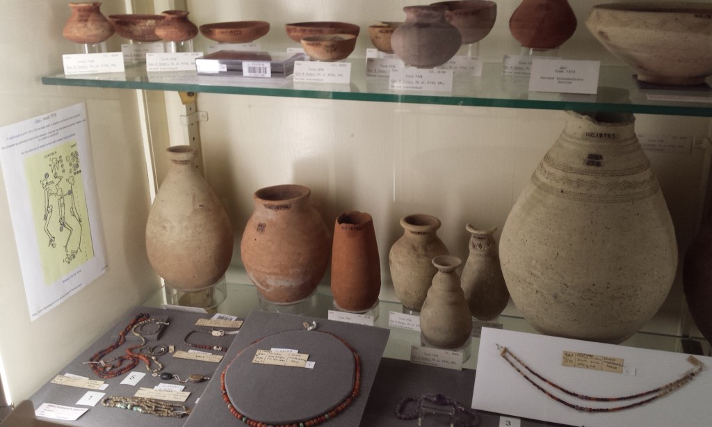 Two shelves of a museum case, with pottery vessels on the top shelf and at the back of the lower shelf. In front of them are various items of jewellery in different stones and Egyptian faience. On the wall of the display case to the left is a sign showing three skeletons with various objects located around them. 