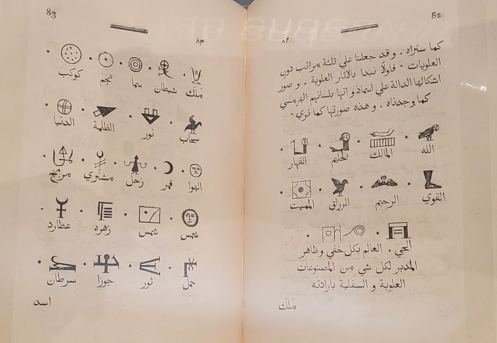Photo of an open book with a page of symbols (hieroglyphs) and Arabic writing.