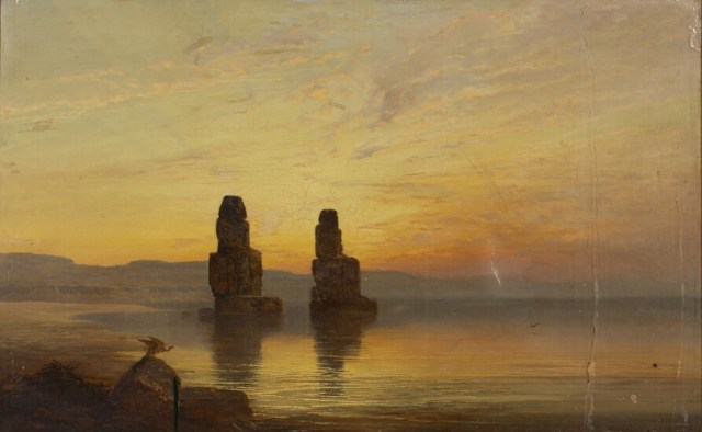 A painting of two ancient Egyptian colossal seated statues, at sunset, surrounded by floodwater, with the Theban hills in the background.