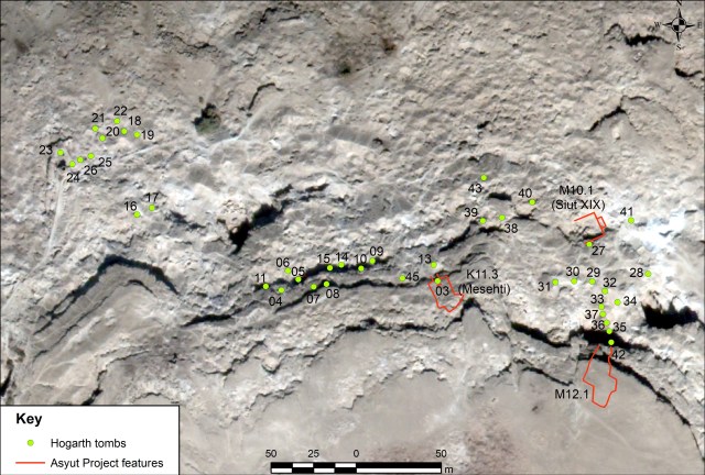 Map of the Gebel Asyut el-Gharbi showing Hogarth's tombs at Sheikh Abu Tugh, along the High Terrace, near Tomb 42 and 27. 