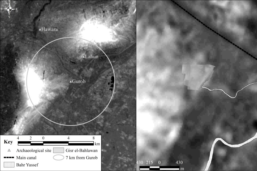 A digital terrain model of the entry to the Fayum, with Gurob labelled on the left. On the right is a detail of the model showing the topographic survey area is higher resolution than the rest of the model.