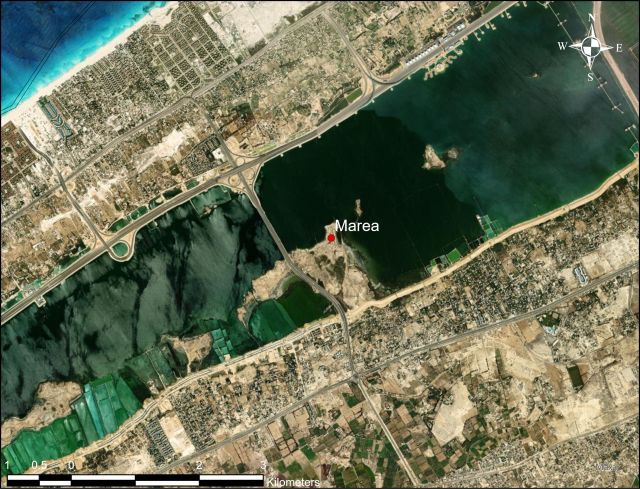 A Google satellite image showing a red point labelled 'Marea' on a peninsula in a lake with the mediterrnaean sea visible in the north-west corner.