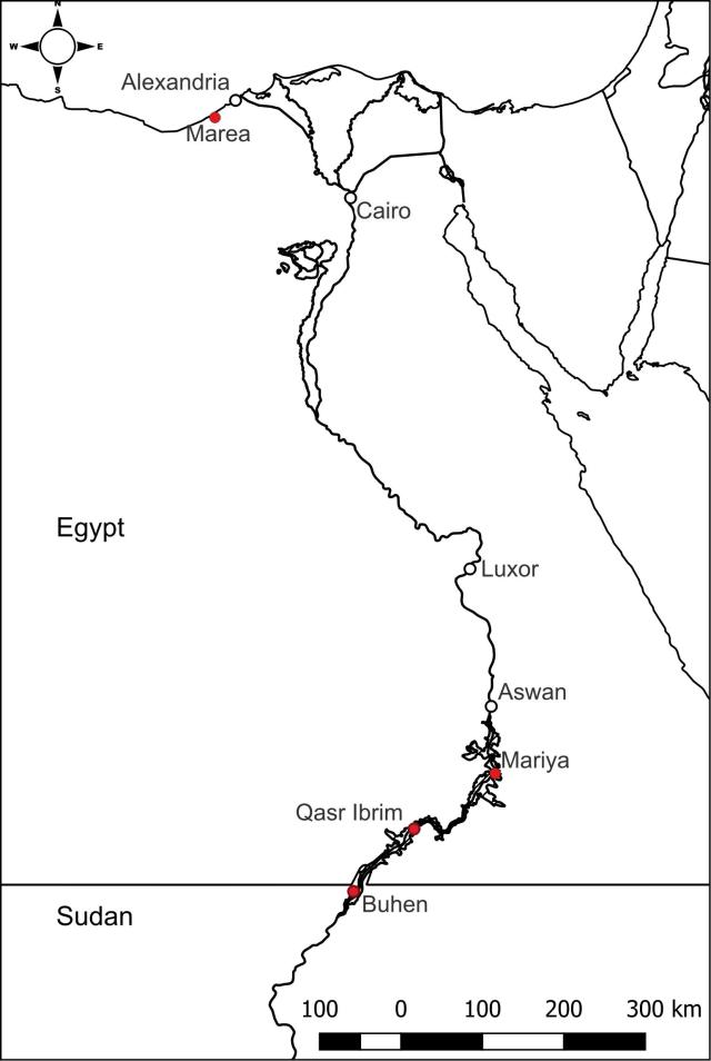 Map of Egypt showing Marea, near Alexandria and Mariya, Qasir Ibrim and Buhen in Nubia,