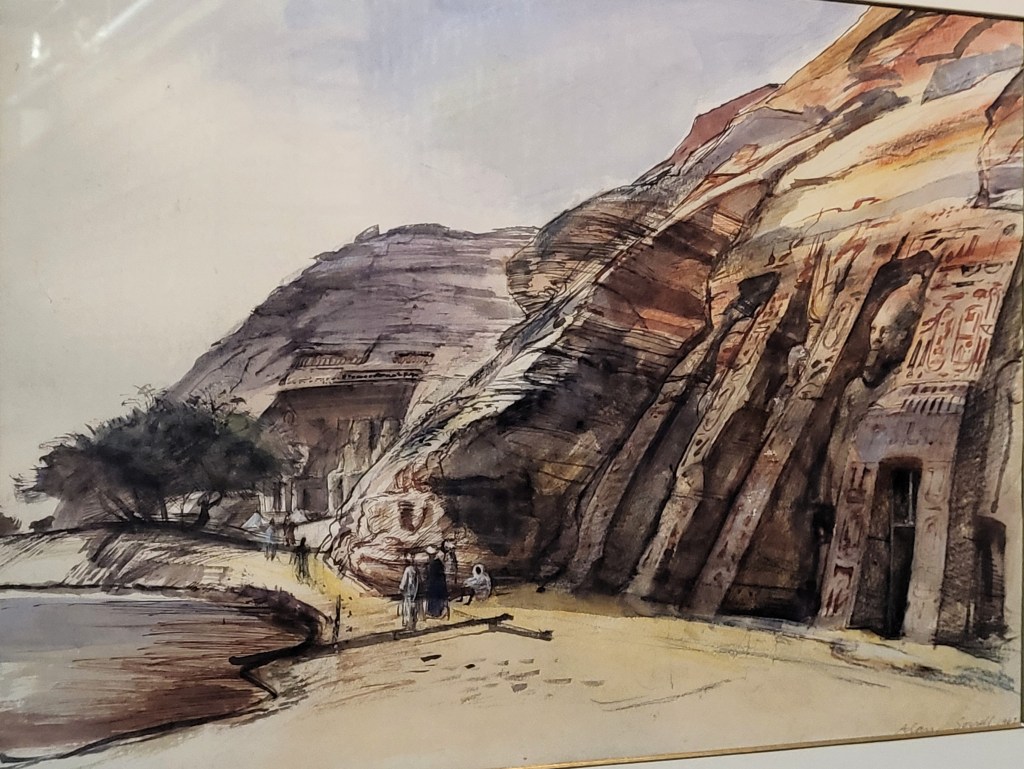 Painting of the facades of the two rock-cut temples of Abu Simbel, the Great Temple with its four seated statues of Ramesses in the background and the small temple in the foreground, right. The Nile is visible on the left of the image.