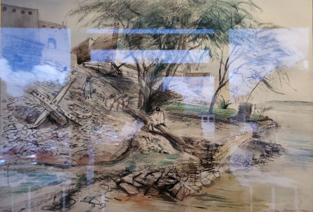 Painting of buildings on a riverbank, with Nubian style houses in the background and trees and people in the foreground.