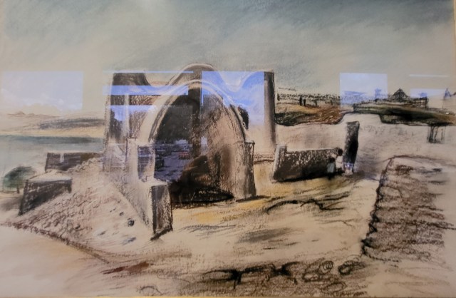 Painting showing a vaulted ruin in the centre, with orange desert and a body of water behind.