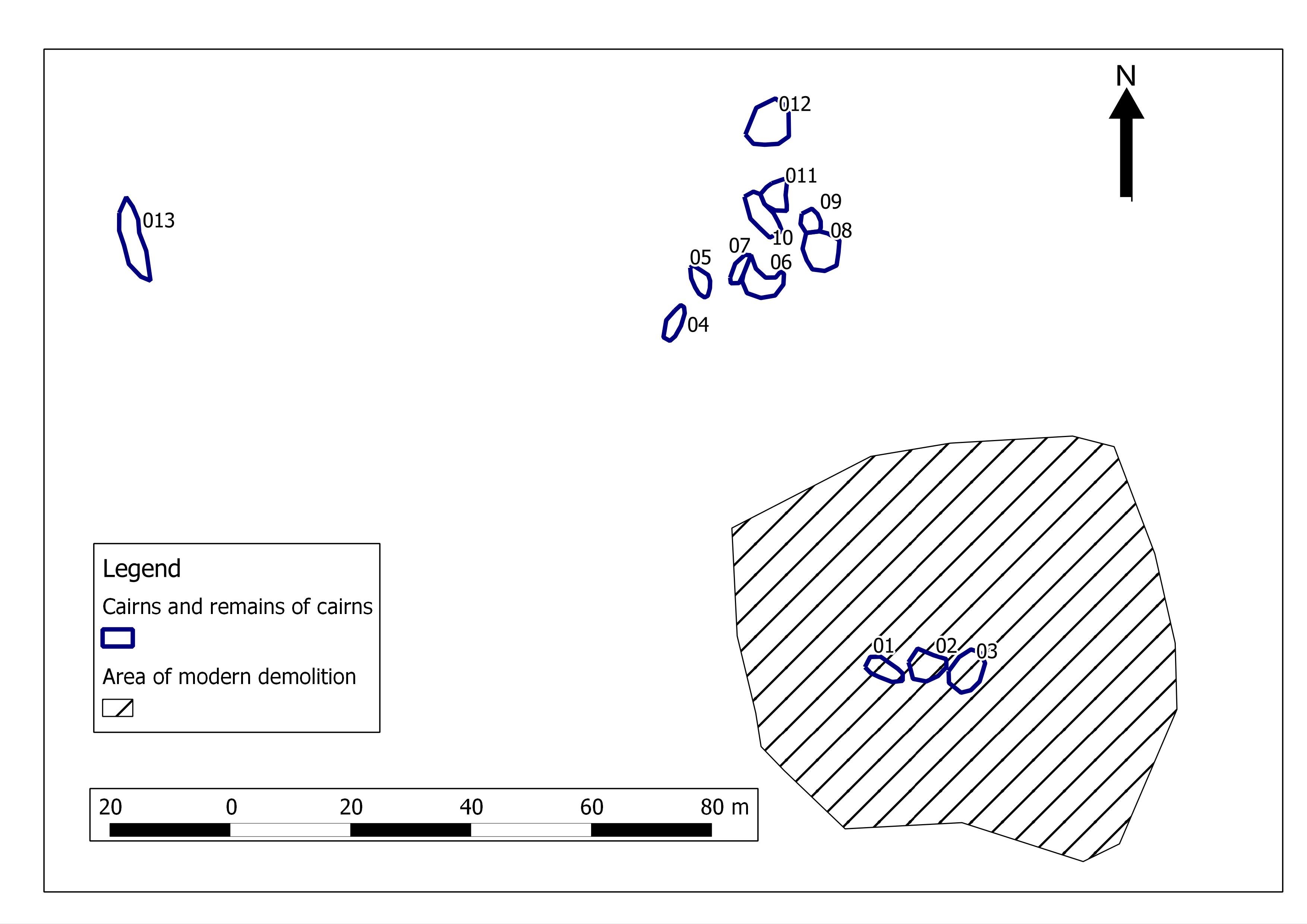 A plan of the Stelae Ridge cairns showing an area of modern disturbance with three mounds inside it to the south and a series of mounded structures to the north. A final feature is shown a short distance to the west.